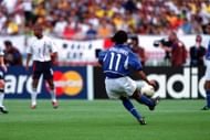 Football. 2002 FIFA World Cup Finals. Quarter Finals. Shizuoka, Japan. 21st June 2002. England 1 v Brazil 2. Brazil's Ronaldinho scores the winning goal from a direct free-kick.Credit: POPPERFOTO/JOHN MCDERMOTT